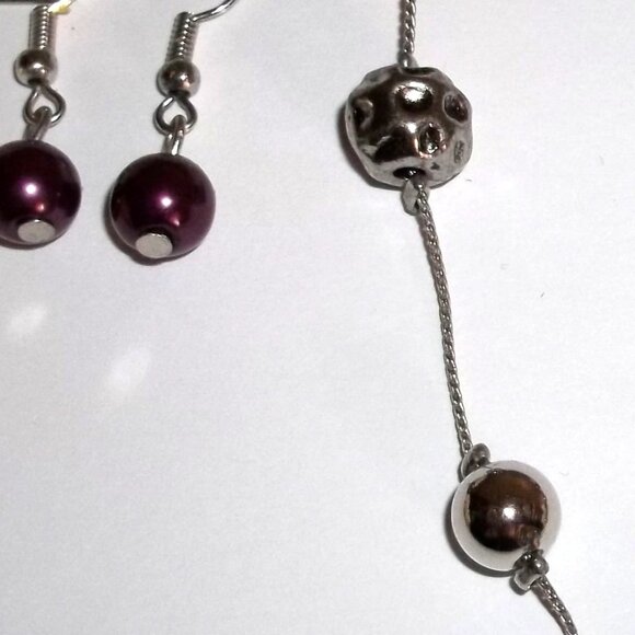 Eggplant Purple Faux Pearl Jewelry Set Long Necklace Earrings Set Lot Pair D183 - Picture 7 of 7